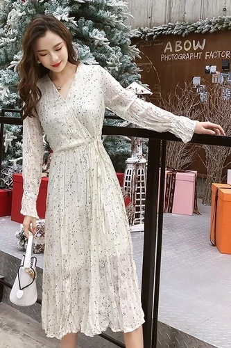 Женское шифоновое платье в горошек повседневное свободное плиссированное с