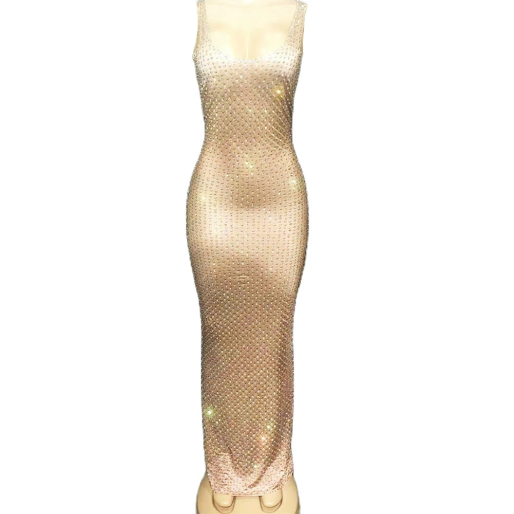 

Nude Fashion Halter Long Dress Sleeveless Full Of Rhinestones Prom Party Birthday Celebrate Costumes Nightclub Stage Wear