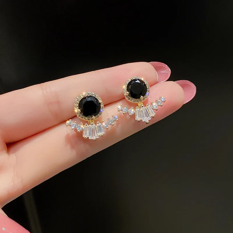 

Beautiful fashion metal material a pair of two-wearinset zircon earrings pure black temperament joker earrings