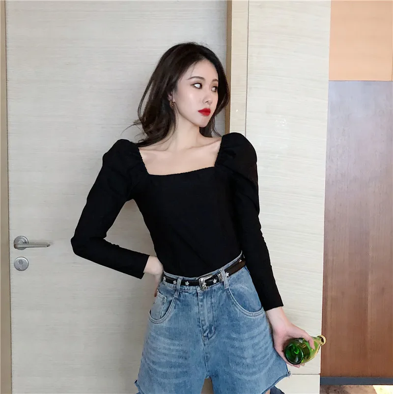 Фото Sexy Women Black Shirts Autumn Vintage Puff Sleeves Crop Tops Square Collar Slim T-shirt Fashion Long Sleeve Solid Chic Tees Женская Sexy Women Black Shirts Autumn Vintage Puff Sleeves Crop Tops Square Collar Slim T-shirt Fashion Long Sleeve Solid Chic Tees Женская