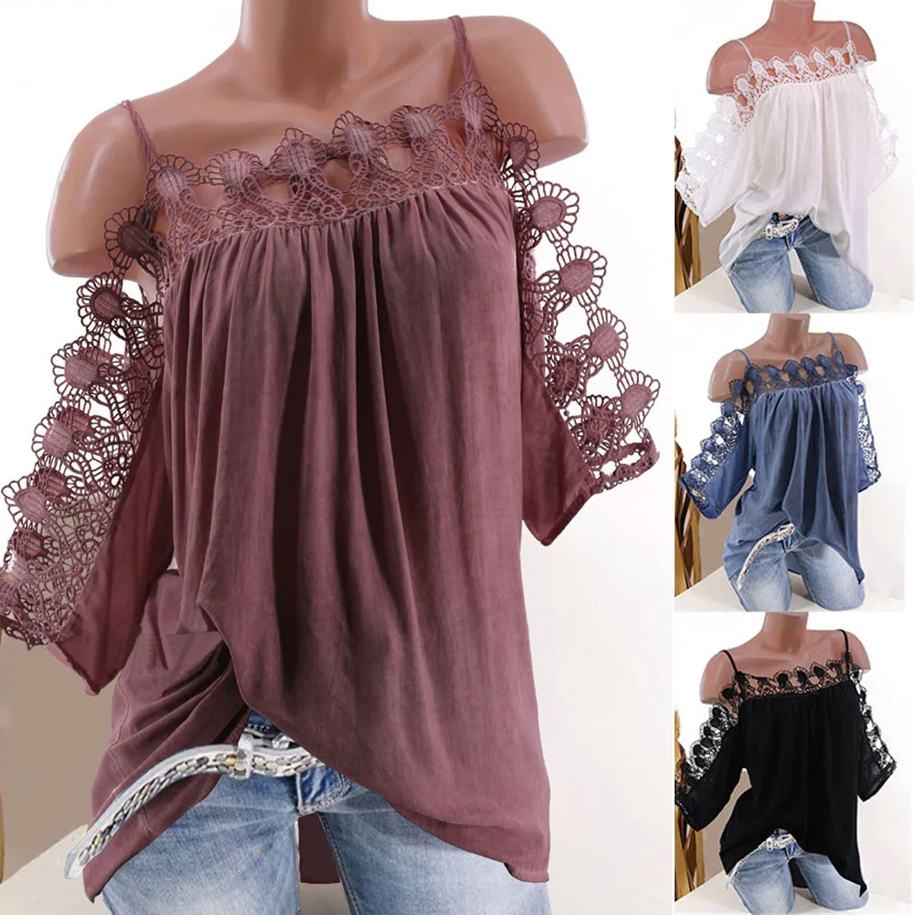 

High Quality Sling Lace Rayon Dyed Top Sexy Summer Fashion Tops Off Shoulder Solid T-shirt with Polyester Blend 4 Colors