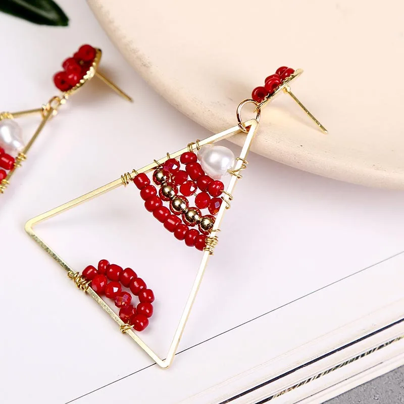 

New exaggerated geometric triangle hand-woven colorful rice bead long earrings