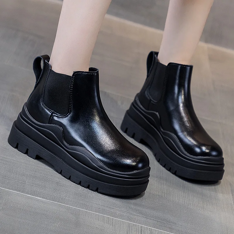 Leather Pipe short Boots Women's Autumn 2021 New Thick-soled Increased Single Boots British Style Short-tube Chelsea Boots