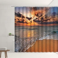 ocean shower curtain beach sea waves seagull tropical plant palm tree green leaves speedboat bathroom decor screen set washable