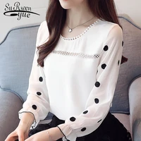long sleeve women blouse shirt fashion 2021 chiffon womens clothing sweet o neck black dot white feminine tops blusas d383 30