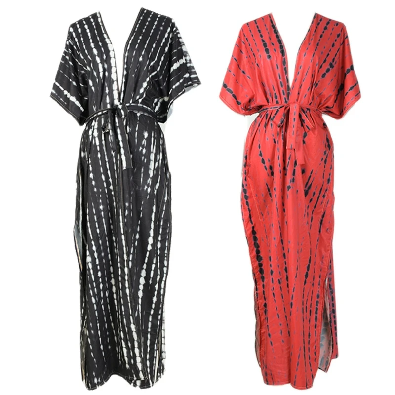 

Women Long Kimono Cardigan Irregular Tie-Dye Striped Swimsuit Cover Up Blouse