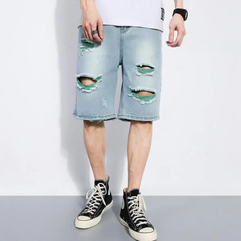 

Summer Men Holes Short Jeans Light Blue Casual Denim Shorts Good Quality Men Straight Denim Jeans Shorts Knee Length Jeans