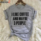 Я люблю кофе и может быть 3 человек буквами Топы для женщин модная одежда для девочек Женская мода серый повседневные слоган футболки tumblr рубашка