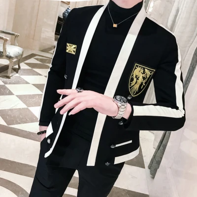 Striped Blazer Hombre Men Suit Coat Male Trend Hip-hop Blazers Autumn Night Hairstyle Division Personality Loose Jacket New | Мужская