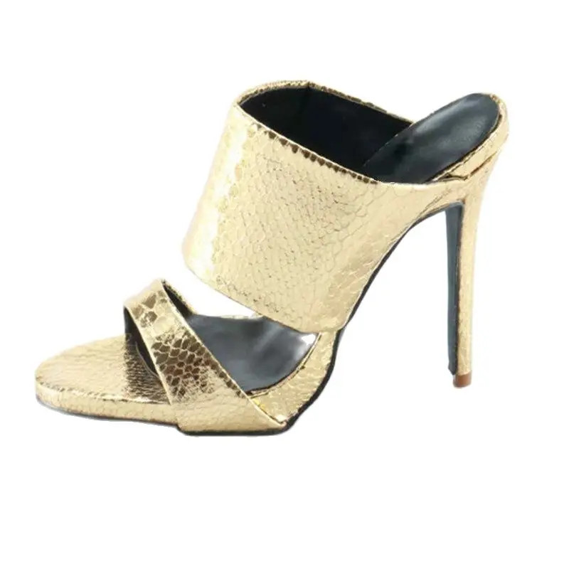 

Moraima Snc Gold/Silver Python Leather Mules Slip On High Heels Women Sandals Slide Open Toe Flip-Flops Summer Slipper pantuflas