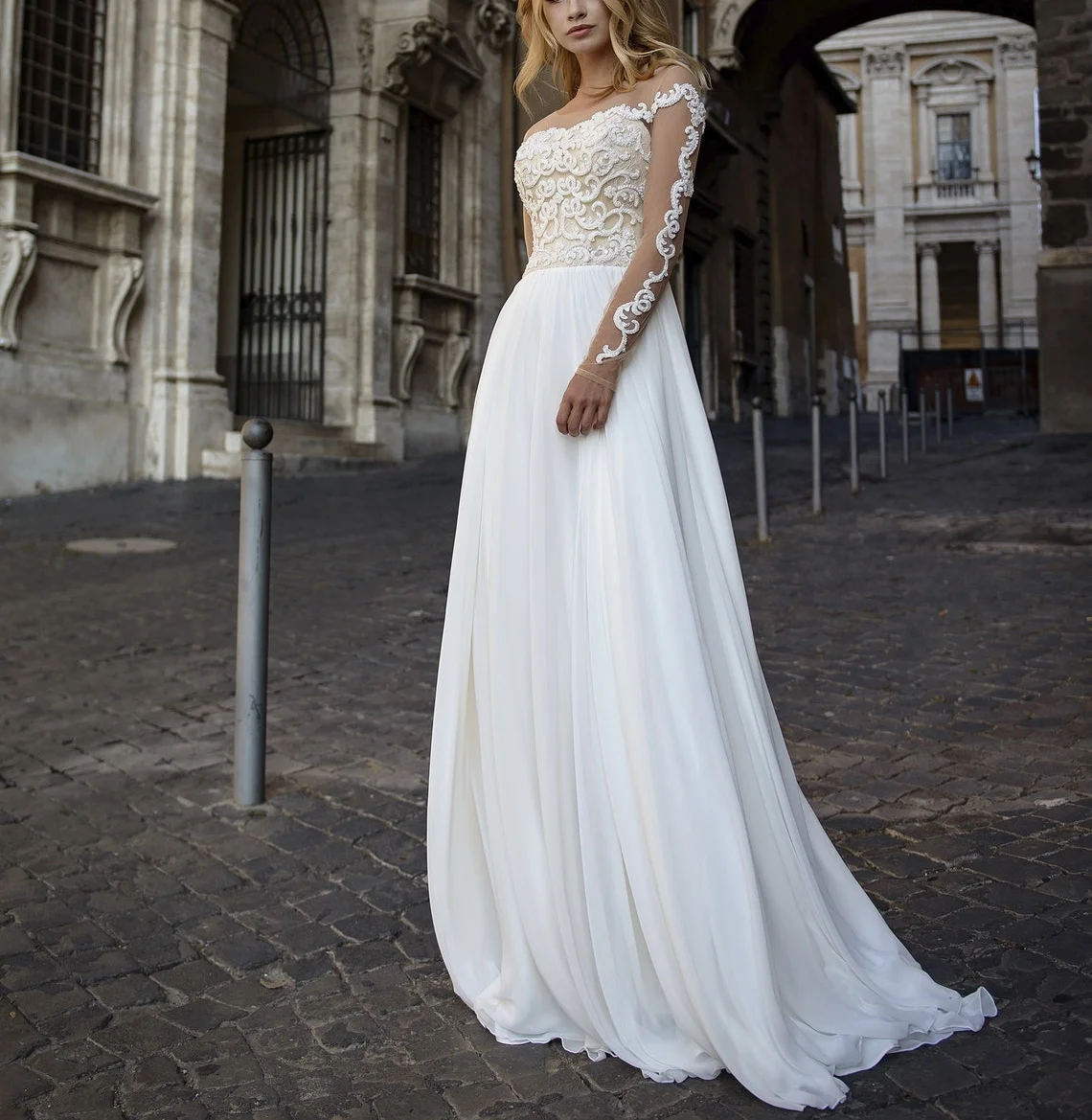 

11666# Ivory O-Neck Sheer Sleeve Lace Applique A-Line Illusion Boho Chiffon Sweep Train Wedding Dress Wedding Gown Bridal Gown