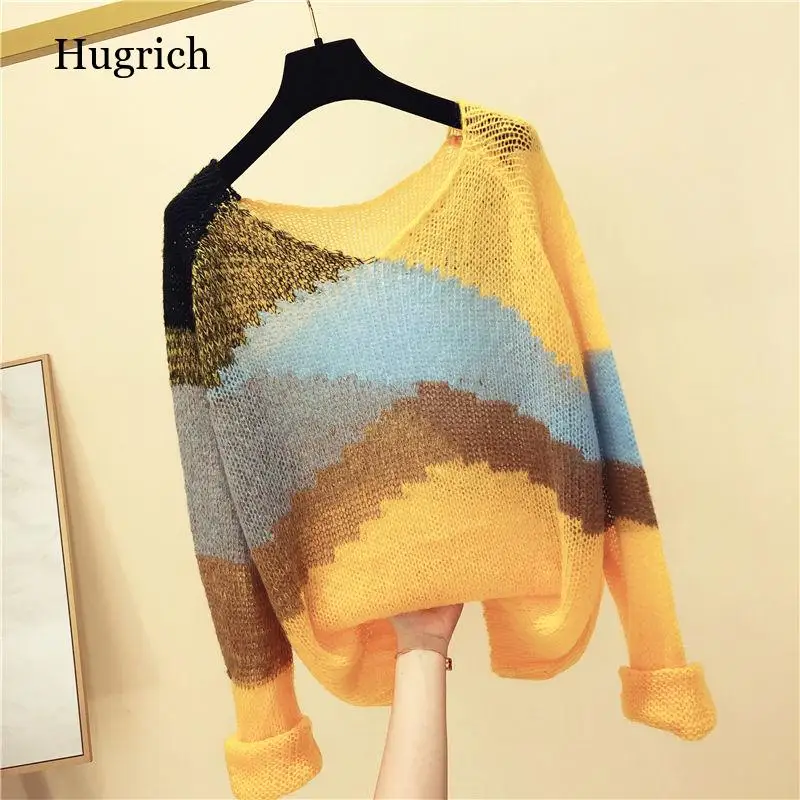 

Striped Color-block Knitted Sweater Women Fashion Thin Section Long-sleeved Loose Hollow Lazy Sweater Pullover Female Spring