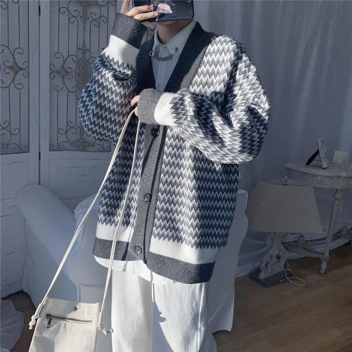 

Sweater men's autumn 2020 Korean fashion cardigan Hong Kong style casual versatile striped coat