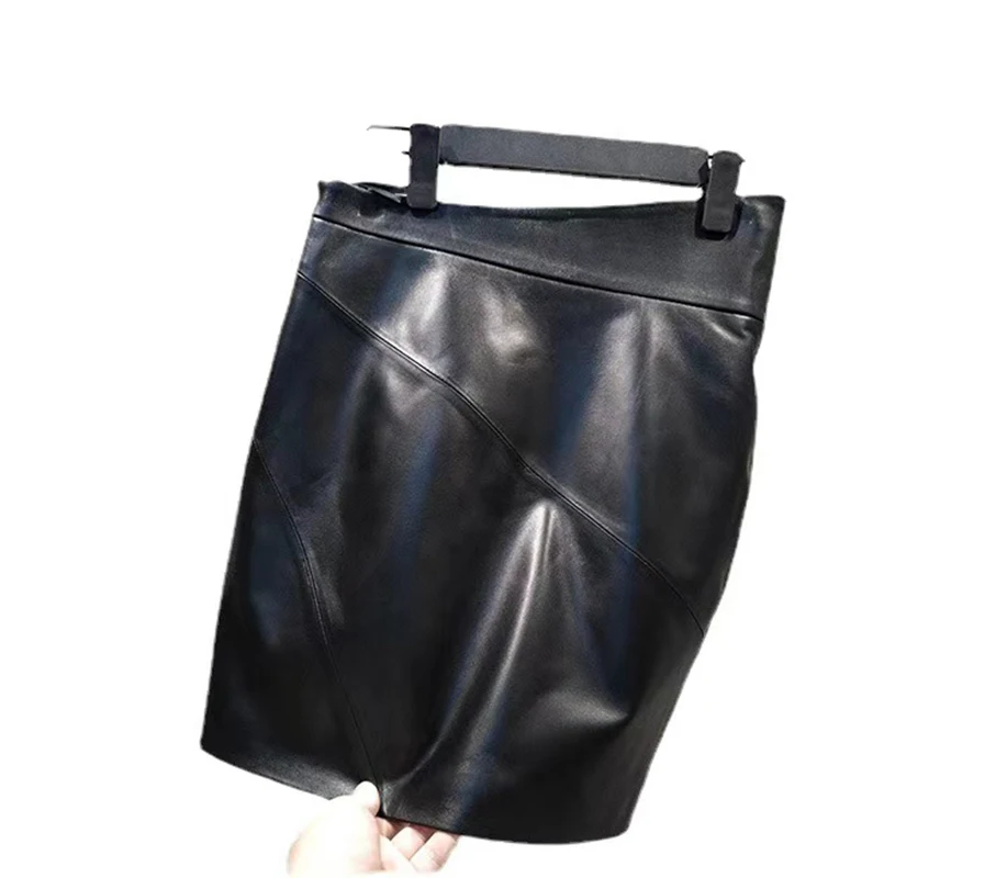 Женская короткая юбка из натуральной кожи черная Привлекательная с высокой
