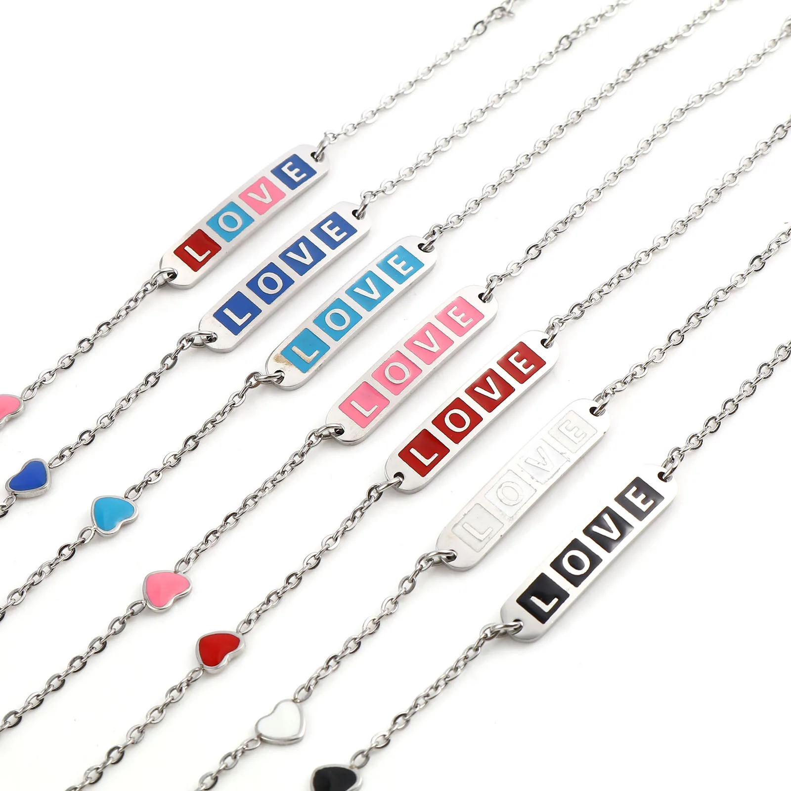 

Stainless Steel Valentine's Day Heart Bracelet For Women " LOVE " Enamel Link Cable Chain Bracelets Anklet Oval Charms Gift
