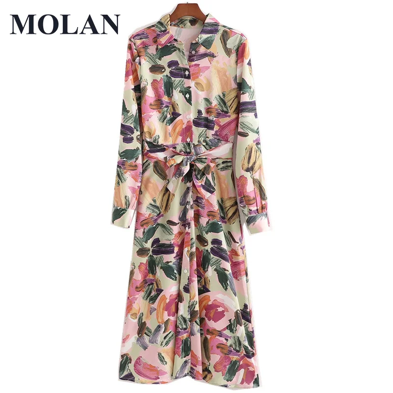 

MOLAN Summer Vintage Long Dress Women Retro Loose Floral Print Turn Down Collar Long Sleeve With Slash Female Shirt Beach Dress
