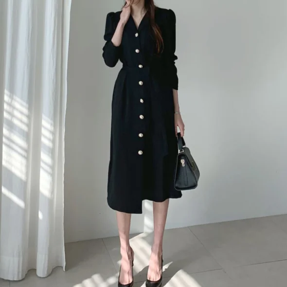 Женское облегающее платье рубашка офисное хлопковое с пуговицами Осень зима