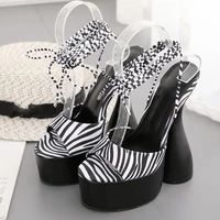 mixed color sandals women new design zebra strappy chunky heels platform fashion peep toe ankle cross lace up stripper shoes