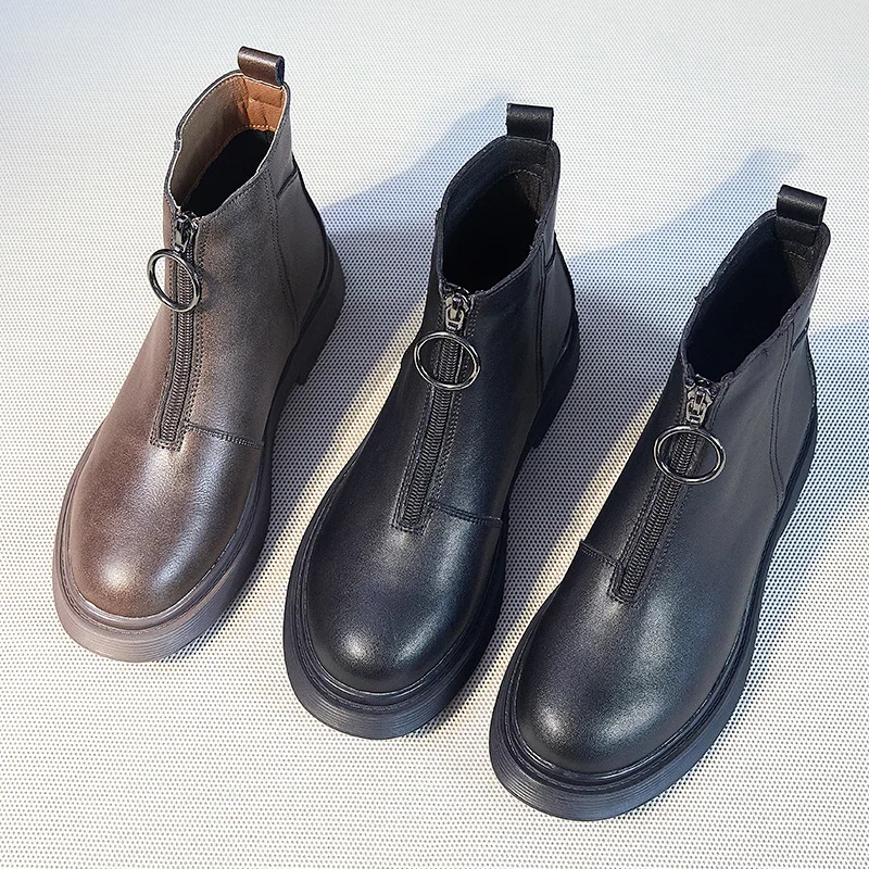 

Front Zipper Short Boots Women 2021 New Velvet Boots British Style Flat Boots Fashion Women's Boots Combat Boots for Women