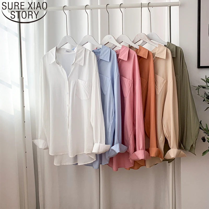 

Женская хлопковая рубашка с длинным рукавом, Повседневная Свободная белая блузка в офисном стиле на пуговицах с отложным воротником, новин...