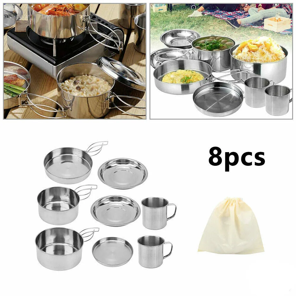 

8PCS Camping Cookware Set, Outdoor Stainless Steel Cooking Set Camping Equipment Camping Pans Pots Tray Dish Cup Bowl Cover
