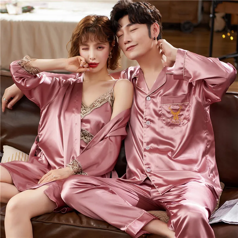 

New Sexy Ice Silk Pajamas For Couples Long Sleeve Faux Silk Women's Dressing Gown Casual Loose Male Home Clothes 2 Piece Sets