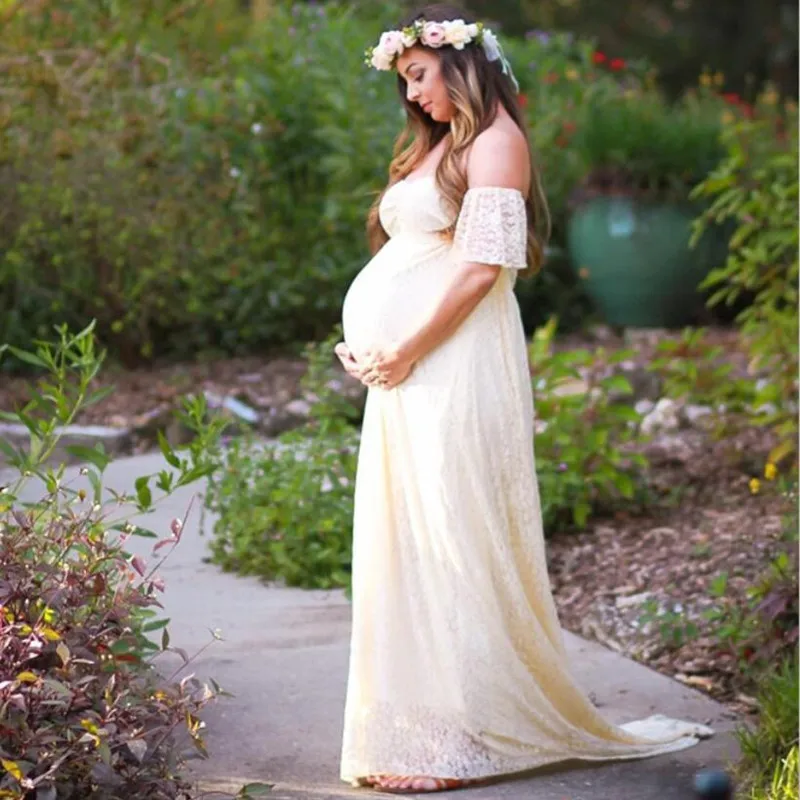 Maternity Wedding Dress Sexy Lace Photography Props Pregnancy Woman Photo Shoot Pregnant Baby Shower Clothes Cotton Maxi Gown |