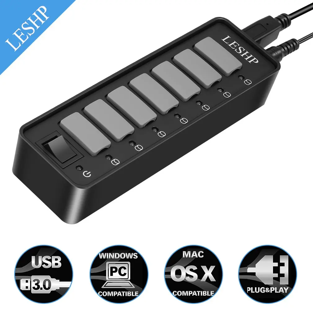 

LESHP 7 Ports USB 3.0 Hub High Speed 5Gbps USB 3.0 Data Hub Splitter with LEDs & Switch External Power Adapter for PC Laptop