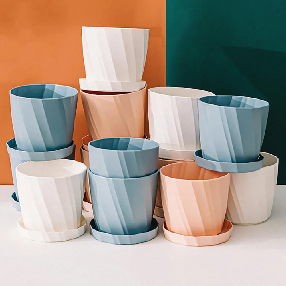 

1 Piece Thicken Plastic Flower Pot Home Garden Decoration Fashion Flower Pot Balcony Office Desk Succulent Pot with Tray 3 Color