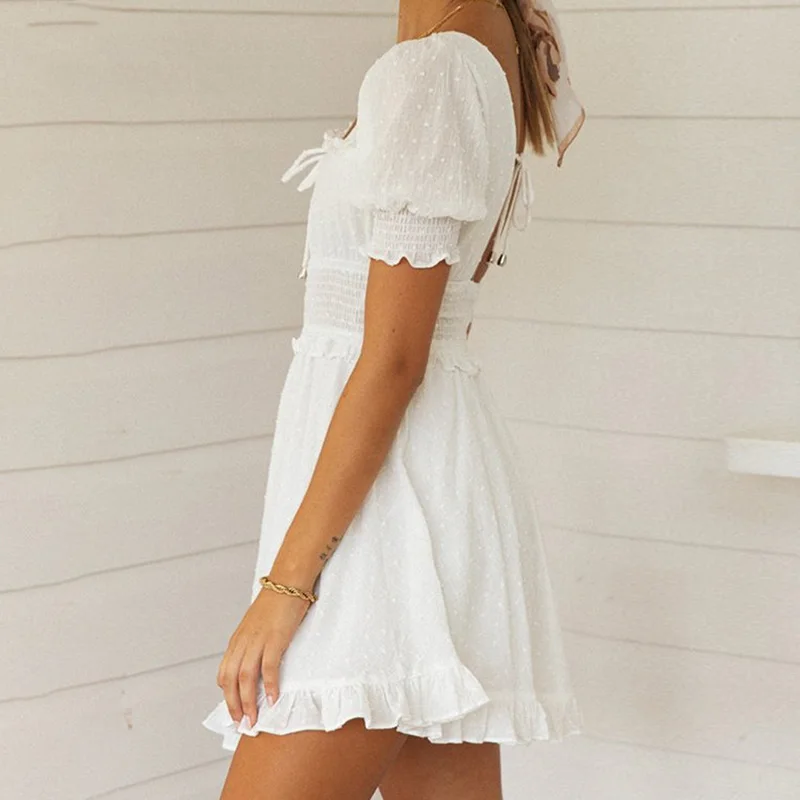 

White Summer Square Collar Puff Sleeve Mini Dress Women Puff Sleeve Vintage Ruffle A-line Backless Short Dress Vestidos 2021