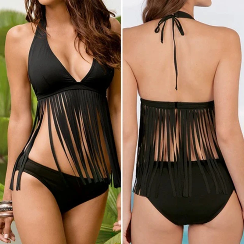 

Tassel Sexy Bikini Solid Swimsuit Women Swimwear Push Up Bikini Set Halter Backless Bathing Suit Summer Beach Wear Swimming Suit