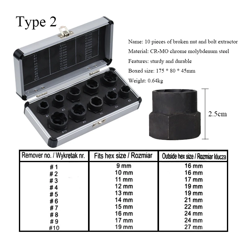 

Damaged Bolt Nut Screw Extractor Socket Hex Nut Extractor Drill Bits Tool Set Socket Drill Bits Aluminum Box Disassembly Tool