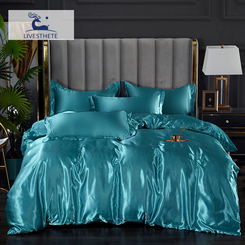 

Liv_Esthete Flat Sheet Shiny Single Twin Bedding Set Duvet Cover Adult Child Blue Bedclothes Luxury Satin Silky Bed Linen Set