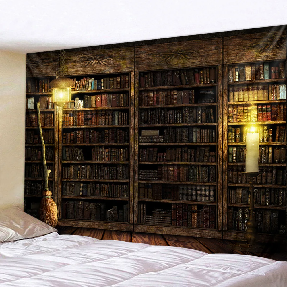 

3D Magic Retro Fireplace Bookshelf Tapestry Art Wall Hanging Tapestries Bedspread Throw Warm Feeling Beautiful Home Decoration