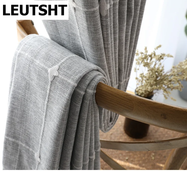 

2021 Modern Mediterranean Cotton and Linen Checkered Jacquard Curtains for Living Room Bedroom Study Blackout Curtains Custom