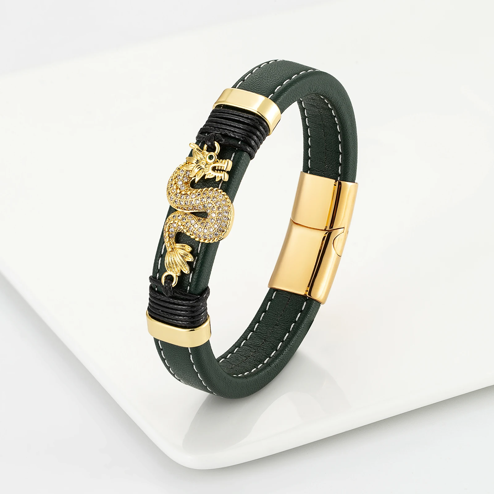 

2022 New Flying Dragon Micro Diamond Gold Fashion Classic Men's Stainless Steel Bracelet Multicolor Wide Leather Charm Bracelet