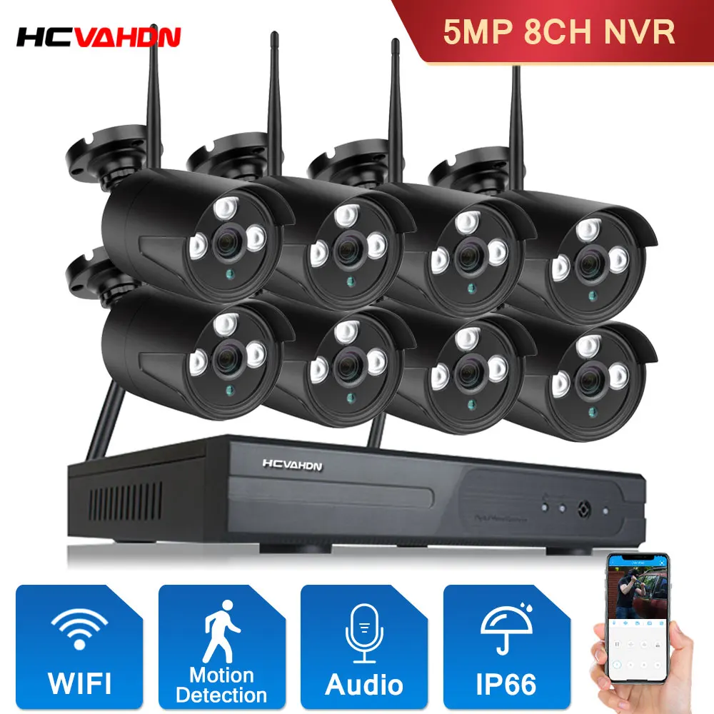 

HCVAHDN Outdoor CCTV Security Camera Wifi Wireless System Kit H.265 8CH NVR 4pcs Waterproof 5MP IP Camera Video Surveillance Kit
