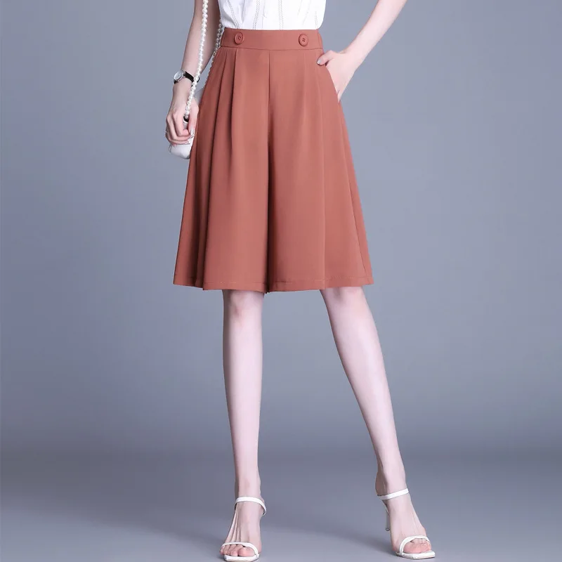 

Elastic High Waist Wide Leg Shorts for Women 2021 Summer Elegant Vintage Loose Casual Half Pants Woman Shorts 6677