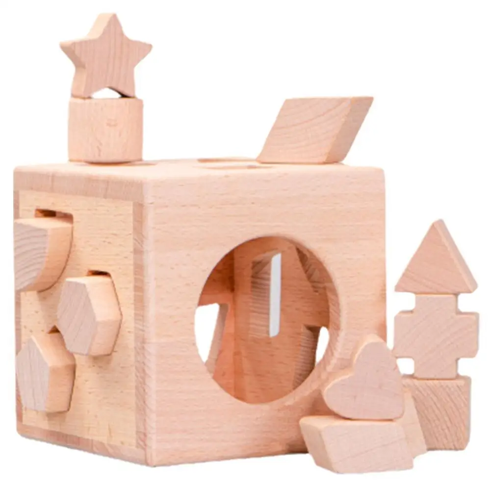 

Unpainted Building Block Box Kids Wooden Shape Sorter Intelligence Building Block Box Baby Stacking and Matching Jigsaw Toy