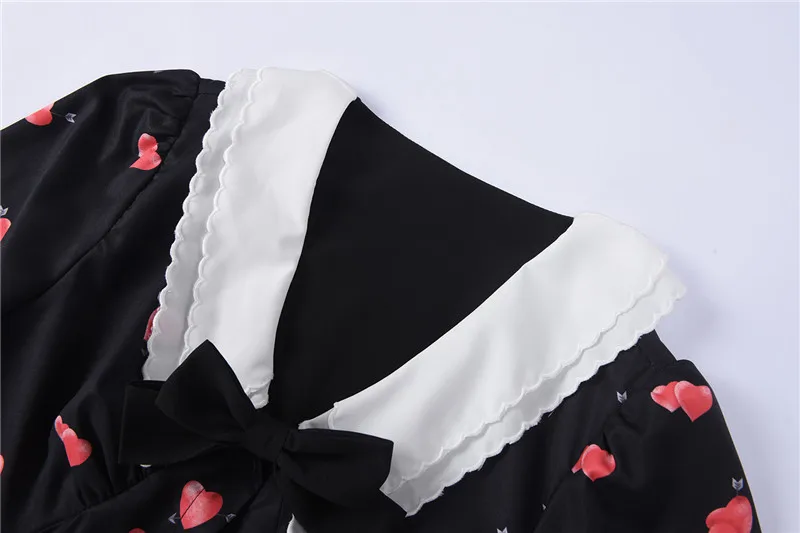 

Red Sweetheart Print Dress Women 2020 Spring New Designer Dress Vestidos Mujer Lafies White Lapel Bow Long Sleeve Black Dress