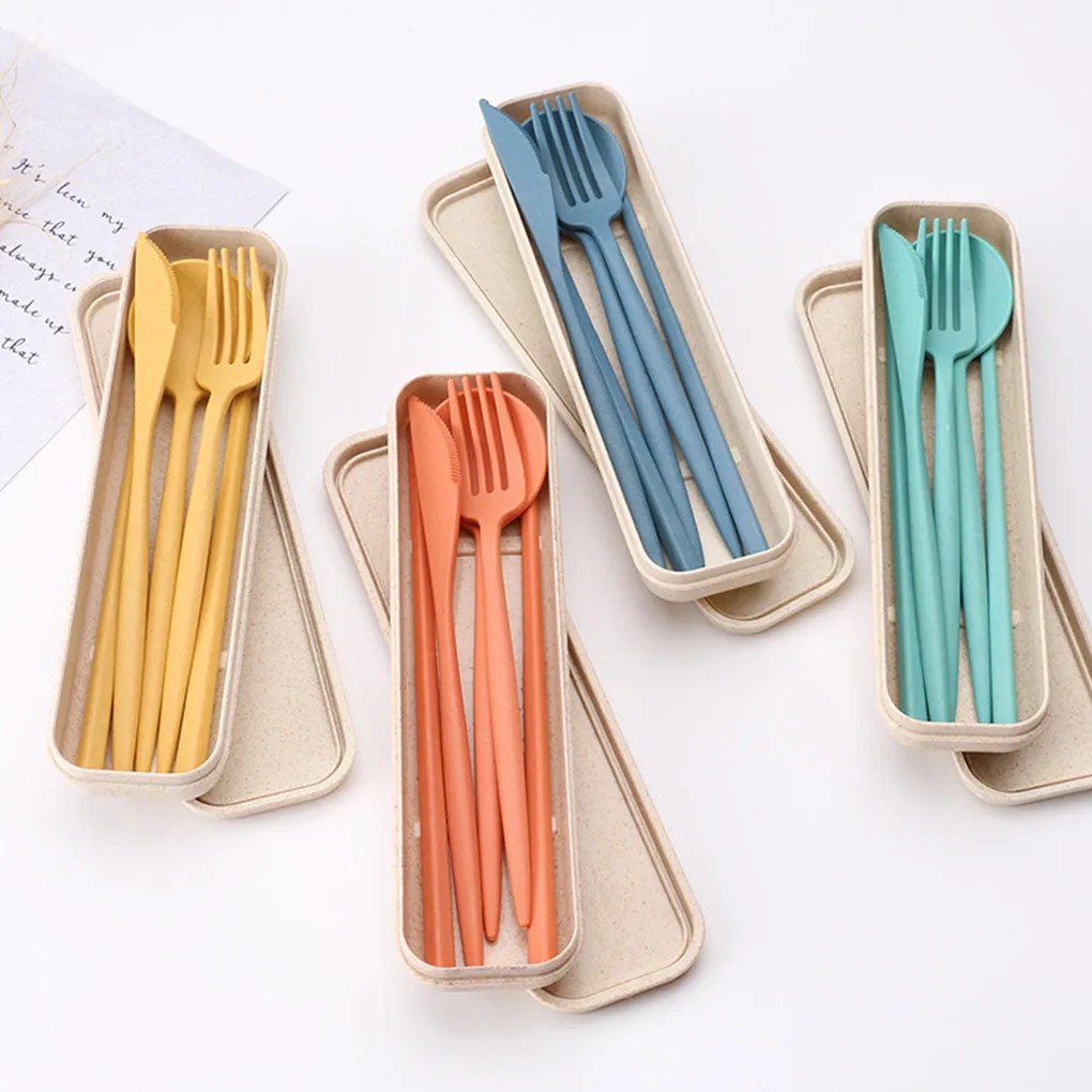 

4Pcs/Set Table Cutlery Set Creativity Wheat Straw Fork Chopsticks Spoon Portable Reusable Tableware Set With Storage Box