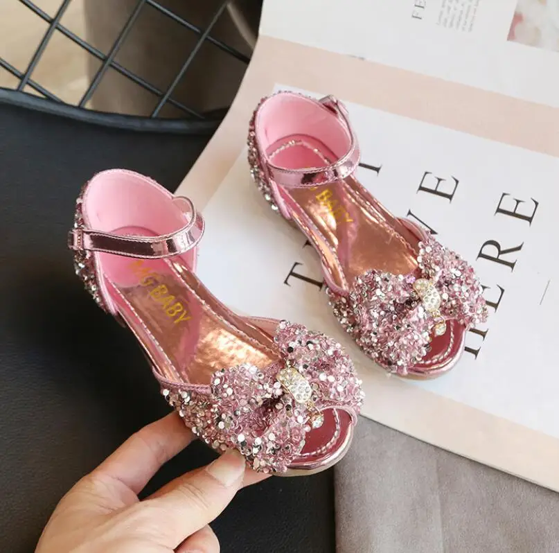 

Elsa Princess Kids Leather Sandals For Girls Flower Casual Glitter Children Flat Heel Girls Shoes Knot Blue Pink Silver Sandals