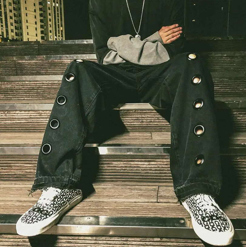 

2020 Man High Streetwear Jeans Plus Size Loose Baggy Hollow Hole Ring Punk Wide Denim Pant Hip Hop Harajuku Jeans Oversized w973