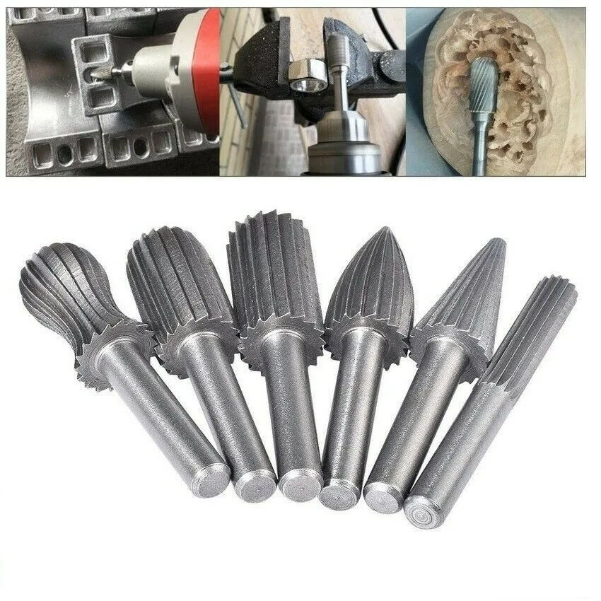 

6Pcs/Set Engraving Bit Milling Cutter Wood Burrs Rotary Set HSS Rotary Files Tungsten Carbide Mills Woodworking Metalworking
