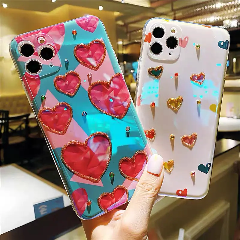 luxury blu ray shining diamond heart shape women phone cover for iphone 11 12 mini pro max 7 8p x xr soft shockproof phone cases free global shipping