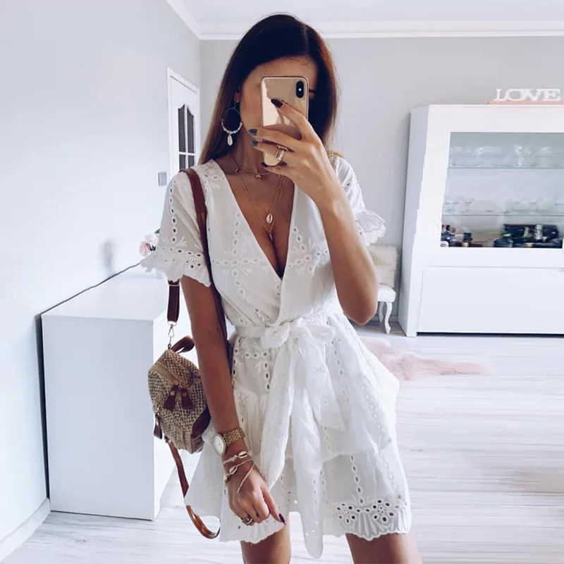

White Embroidery Cotton Dresses Summer Women Short Sleeve Casual Beach Sundress Sexy V Neck Hollow Out Mini Dress