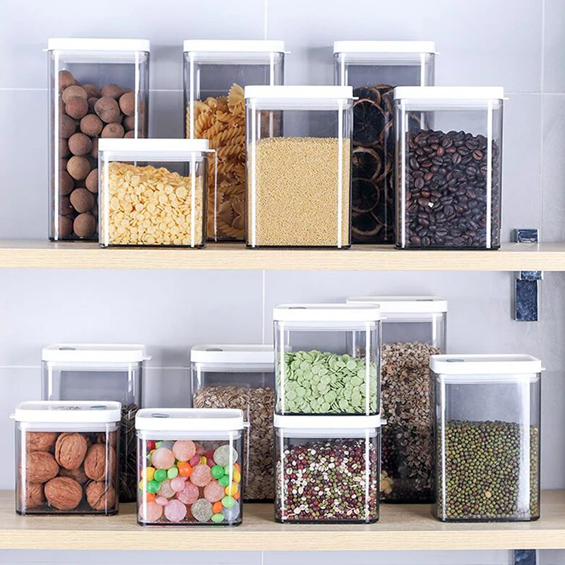 

Kitchen Moisture-proof Sealed Jar Square Plastic Transparent Grain Fresh-keeping Can Be Stacked Dried Fruit Snack Storage Jar