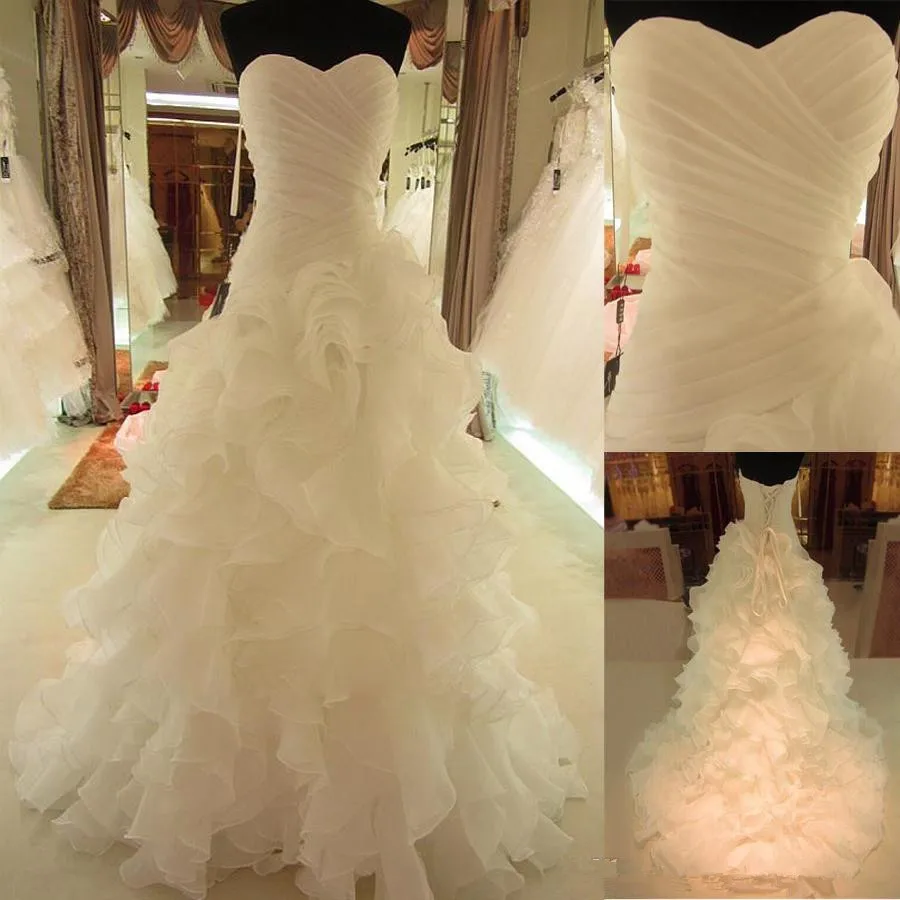 

Romantic Ruffled Organza Sweetheart Neckline Asymmetrical Waistline A-line Reals Wedding Dress Lace Up Wedding Gowns Ready