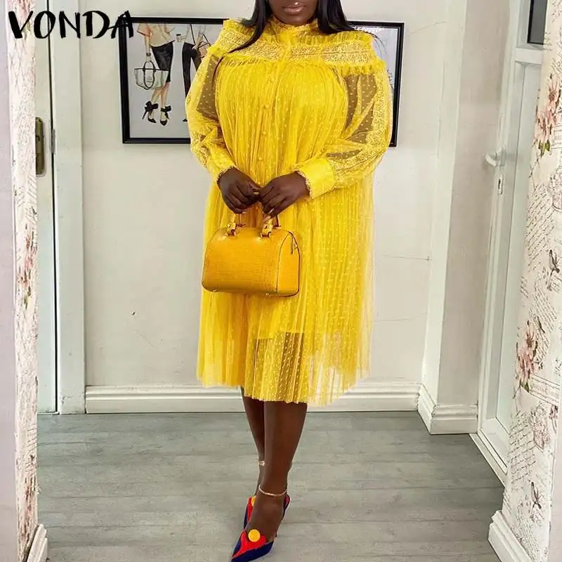 

VONDA Dress Plus Size Sexy Stand Collar Solid Color Midi Dress Bohemian Women Elegant Sundress Oversized Holiday Robe Femme