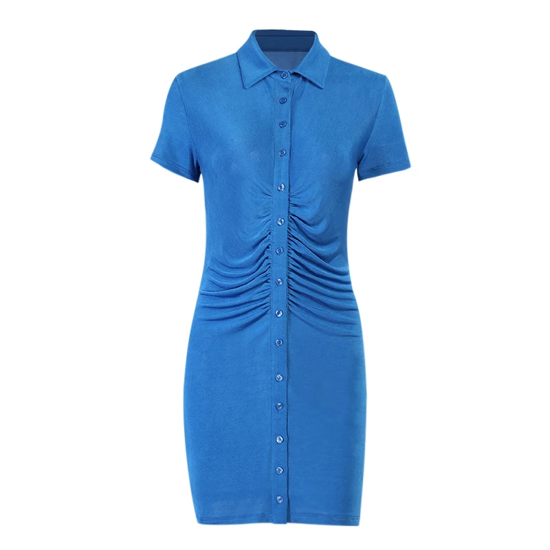 

Hbenna Short Sleeve Summer Dress 2021 Fashion Slim Turn-down collar Mini Dress Button Casual Front Ruched Party Dress Streetwear